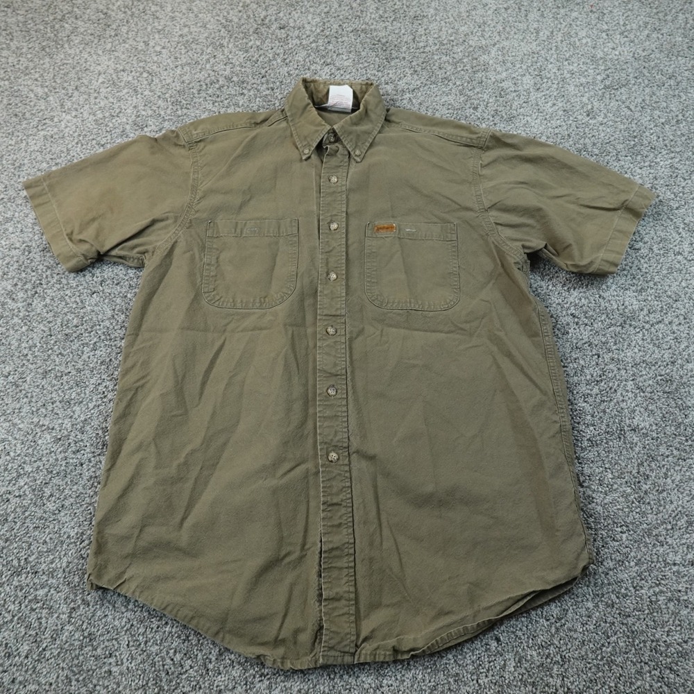 VTG Carhartt Shirt Mens M Brown Green Short Sleeve Button Up Outdoor Work USA